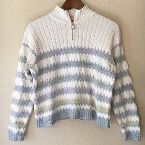 Vintage Sweater Ivory Blue Liz Claiborne M Zip Collar Apres Ski Winter Festival